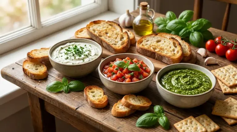 Tre salse per antipasto in ciotole con bruschette, cracker, basilico, pomodori e olio su tagliere di legno
