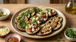 Piatto di melanzane grigliate condite con erbe, feta e pomodori secchi, e pinoli con glassa balsamica