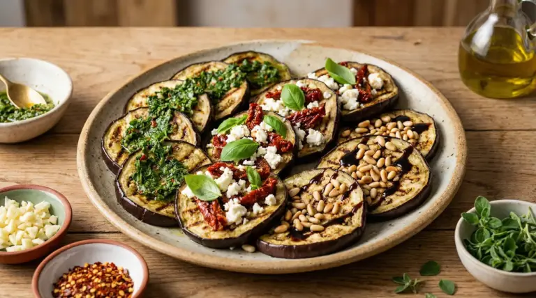 Piatto di melanzane grigliate condite con erbe, feta e pomodori secchi, e pinoli con glassa balsamica