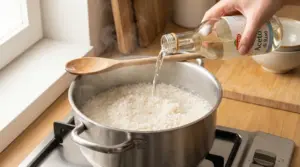 Mano che versa aceto nell’acqua di cottura del riso in una pentola sul fornello, con cucchiaio di legno appoggiato