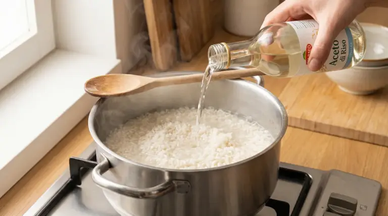 Mano che versa aceto nell’acqua di cottura del riso in una pentola sul fornello, con cucchiaio di legno appoggiato