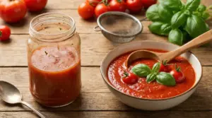Ciotola di salsa di pomodoro con basilico e pomodorini, accanto a un barattolo su tavolo di legno