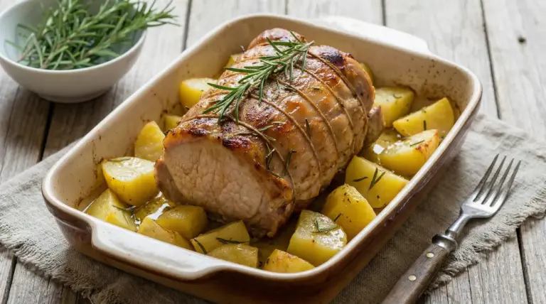 Arista di maiale al forno con patate arrosto e rosmarino in teglia, servita su tavolo di legno