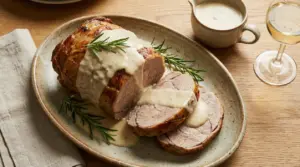 Arrosto di vitello al latte affettato con salsa cremosa e rosmarino, servito su piatto ovale