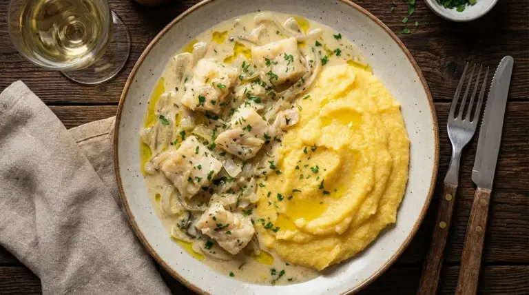 Piatto di baccalà alla vicentina con polenta cremosa, servito con salsa e prezzemolo