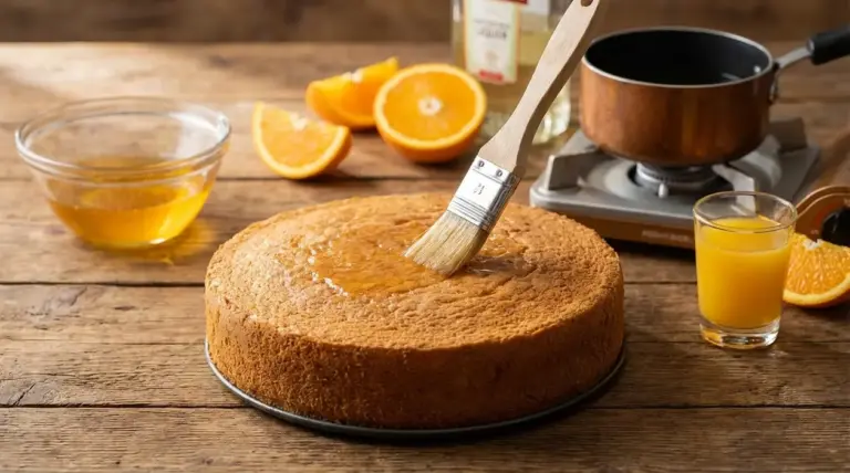 Pan di Spagna bagnato con pennello da cucina, con succo d’arancia e arance tagliate sul tavolo