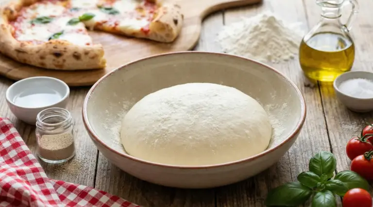 Impasto per pizza in ciotola infarinata con ingredienti sul tavolo: farina, lievito, olio, sale e basilico