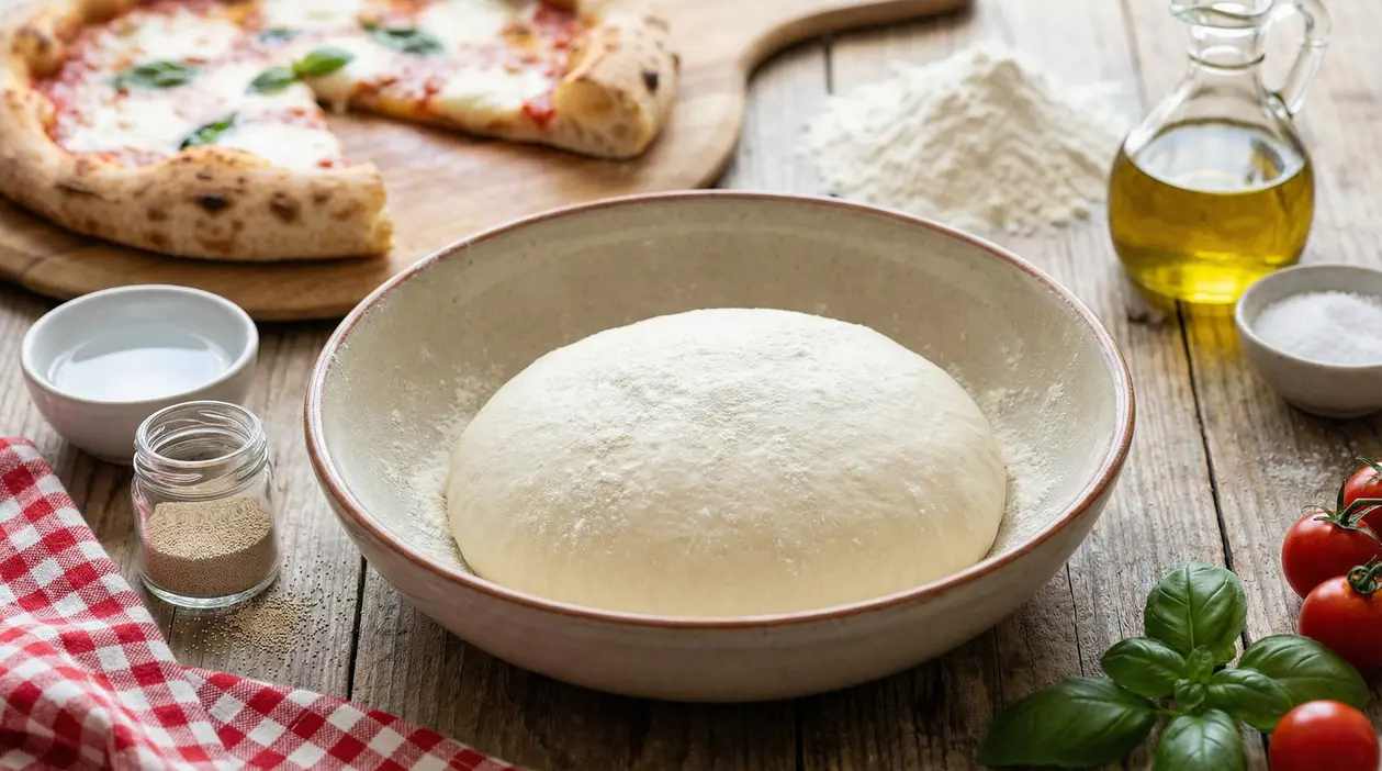 Impasto per pizza in ciotola infarinata con ingredienti sul tavolo: farina, lievito, olio, sale e basilico