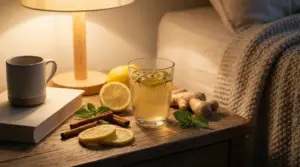 Tisana detox con limone e camomilla sul comodino, con zenzero, menta e cannella accanto al letto