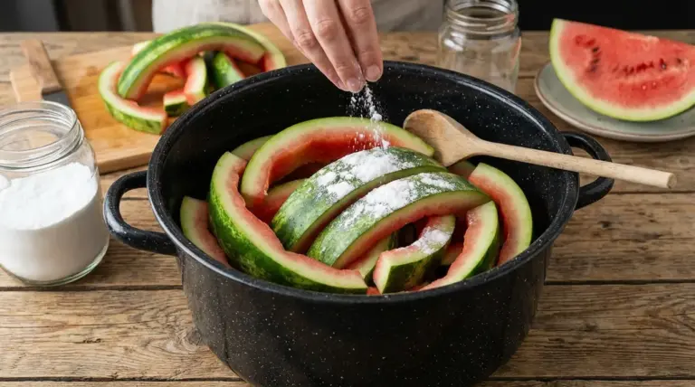 Mano che sparge bicarbonato sulle bucce di anguria in una pentola su un tavolo di legno