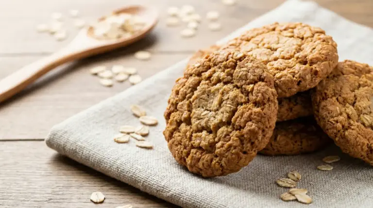 Biscotti all’avena croccanti su un canovaccio, con fiocchi d’avena sparsi e cucchiaio di legno sullo sfondo