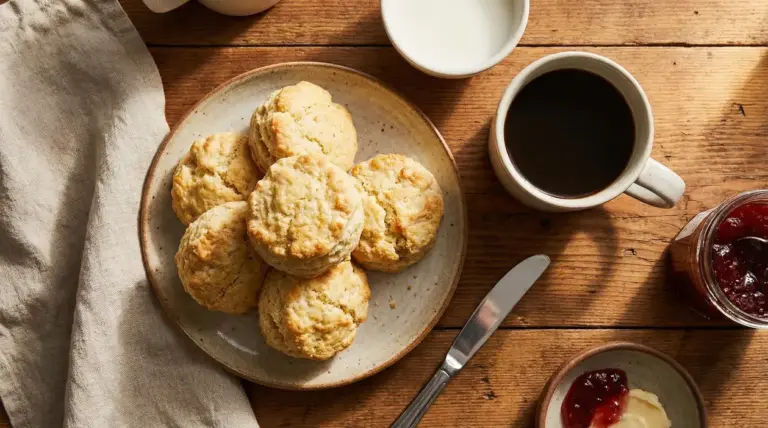 Biscotti da inzuppo su un piatto con tazza di caffè, latte e marmellata su tavolo di legno