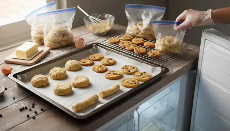 Biscotti e impasto porzionato su teglia e in sacchetti freezer, pronti da preparare e congelare.