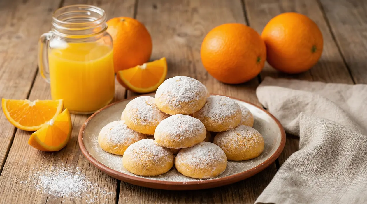 Biscotti morbidi all’arancia senza burro, spolverati di zucchero a velo, con arance e succo su tavolo di legno