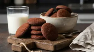 Biscottini al cacao fatti in casa su tagliere di legno, con ciotola e bicchiere di latte