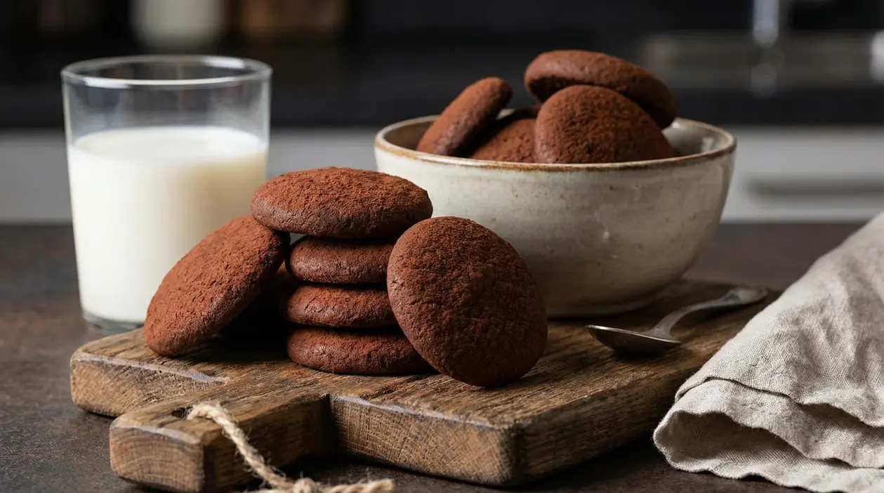 Biscottini al cacao fatti in casa su tagliere di legno, con ciotola e bicchiere di latte