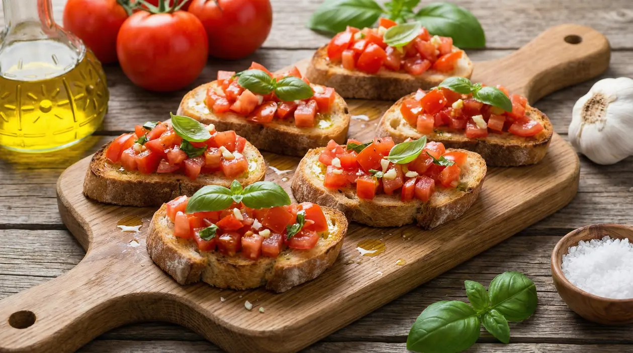 Bruschette con pomodori a cubetti, basilico e olio d’oliva su tagliere di legno, con aglio e pomodori sullo sfondo