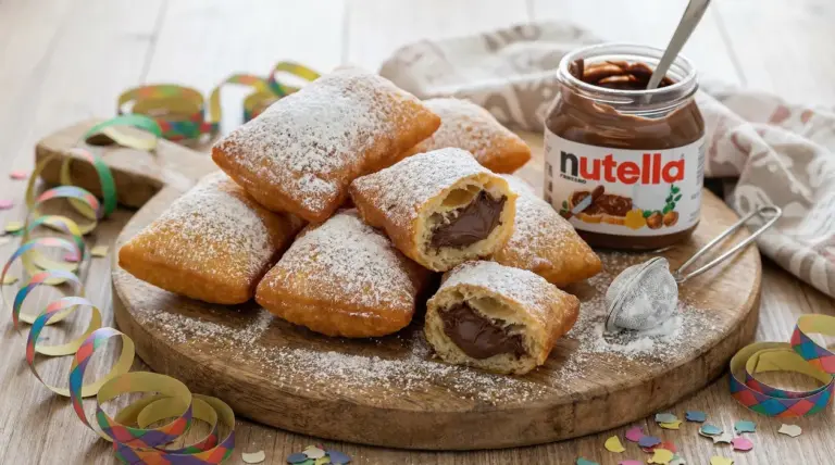 Bugie di Carnevale ripiene di Nutella, fritte e spolverate di zucchero a velo su tagliere di legno