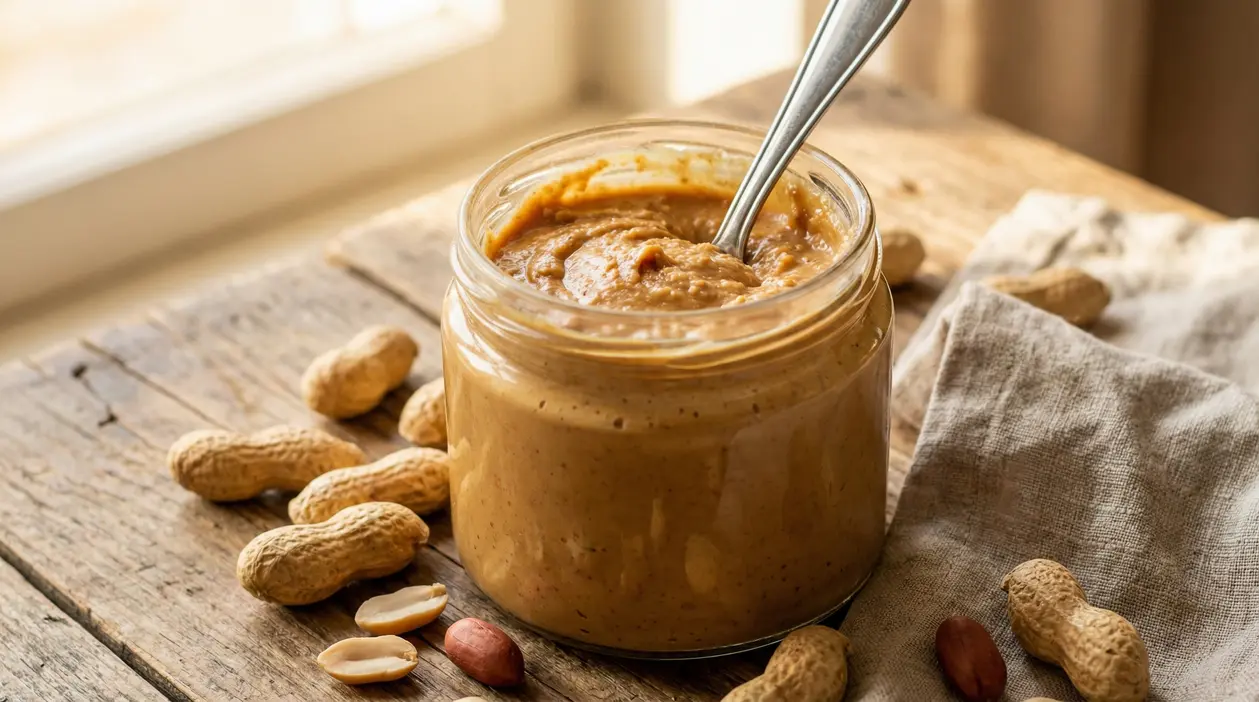 Barattolo di burro d’arachidi fatto in casa con cucchiaio, su tavolo rustico con arachidi intere