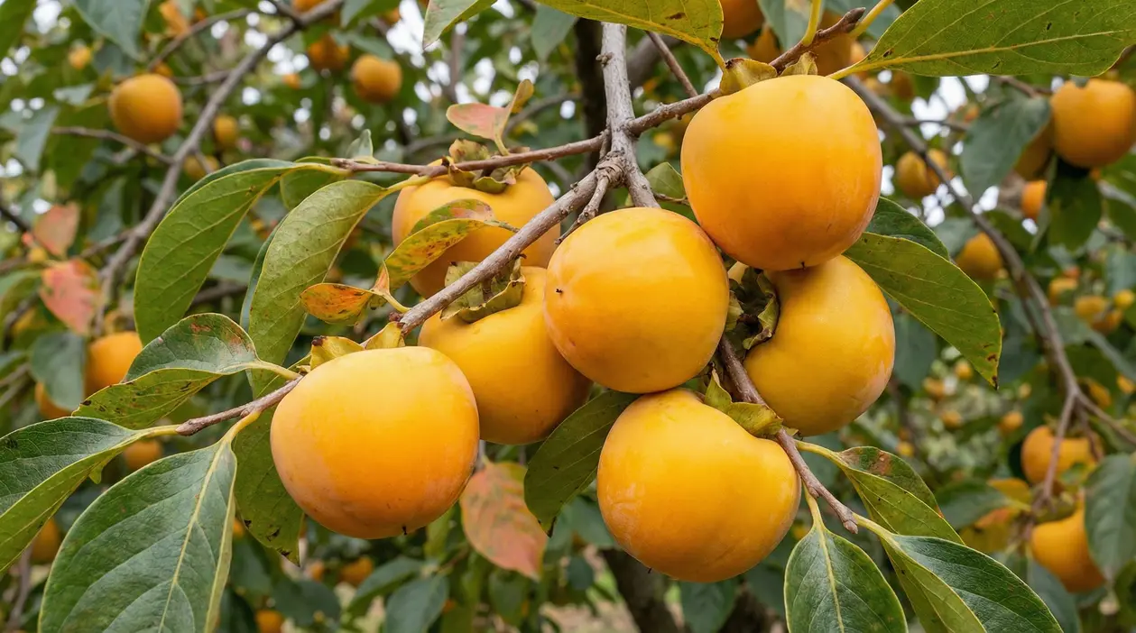 Cachi mela maturi sull’albero tra foglie verdi, con frutti arancioni raggruppati sui rami