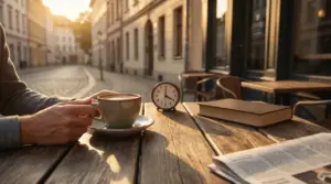 Persona con una tazza di caffè al tavolo di un bar nel pomeriggio, con orologio e libro accanto