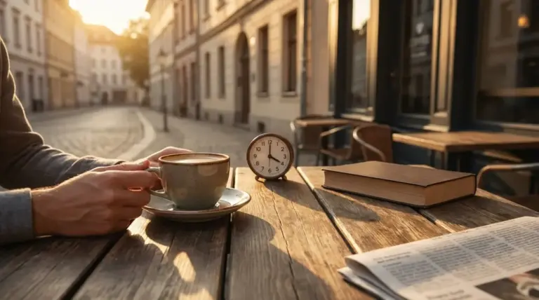 Persona con una tazza di caffè al tavolo di un bar nel pomeriggio, con orologio e libro accanto