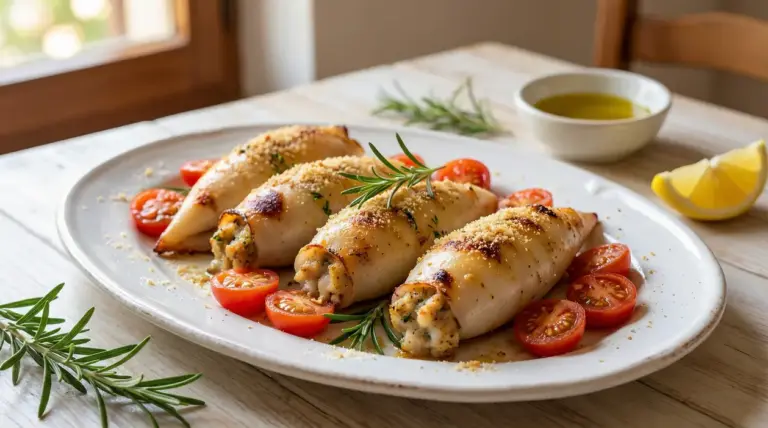 Calamari ripieni al forno su piatto con pomodorini, rosmarino e spicchi di limone, con olio extravergine a lato