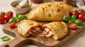 Calzoni ripieni al forno tagliati con mozzarella filante e salsa di pomodoro su tagliere, con basilico e pomodorini