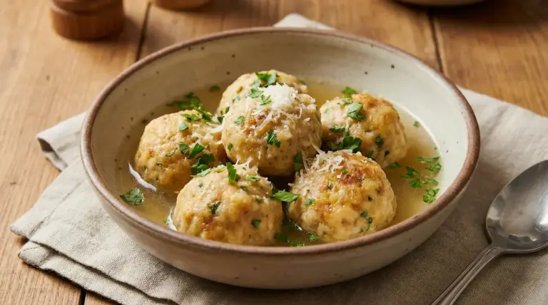 Canederli serviti in brodo con prezzemolo e formaggio grattugiato in una ciotola rustica