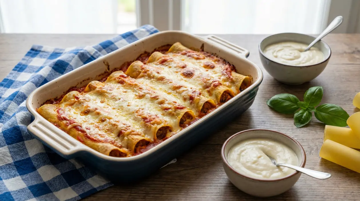 Cannelloni ripieni di carne al forno in teglia, gratinati con besciamella e formaggio, con ciotole di besciamella