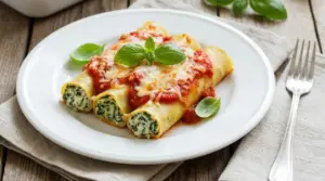 Cannelloni vegetariani con ricotta e spinaci, con salsa di pomodoro e basilico, serviti su piatto bianco