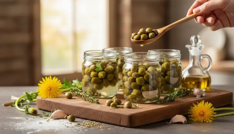 Vasetti di capperi di tarassaco in salamoia su tagliere, con fiori di tarassaco, erbe aromatiche e olio