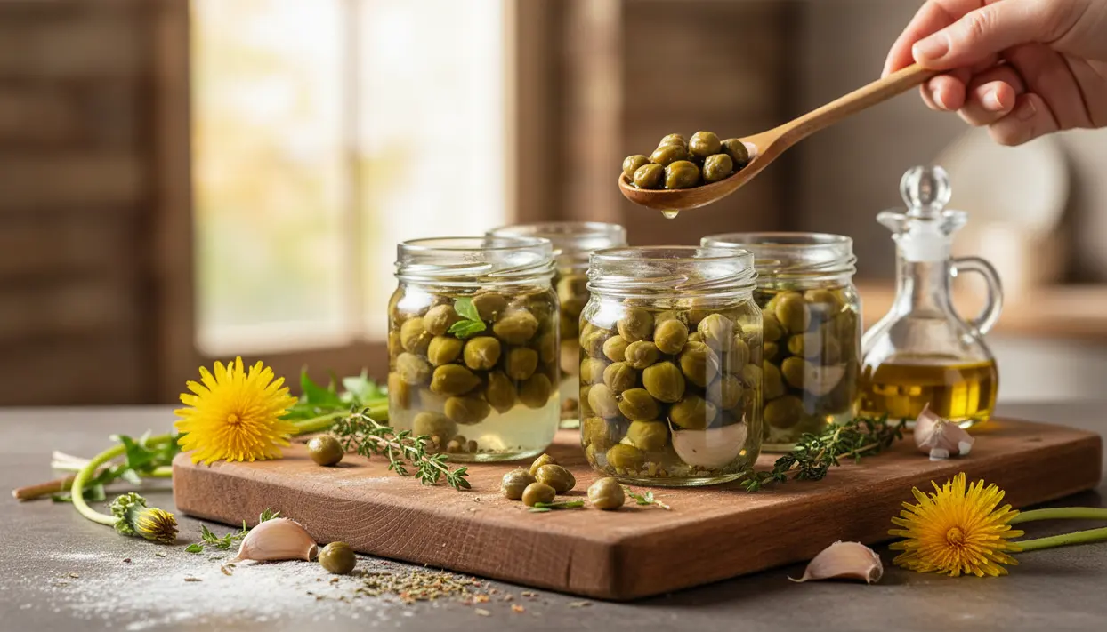Vasetti di capperi di tarassaco in salamoia su tagliere, con fiori di tarassaco, erbe aromatiche e olio