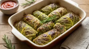 Capunet al forno in teglia, involtini di verza ripieni con rosmarino e salsa di pomodoro a lato