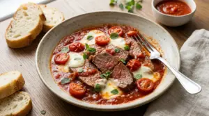 Carne alla pizzaiola con salsa di pomodoro, mozzarella fusa e pomodorini, servita in piatto fondo con pane