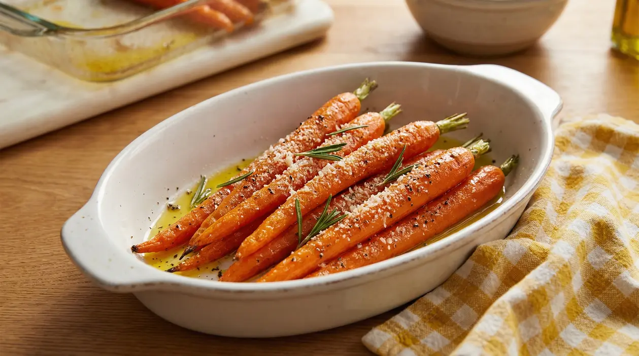 Carote al forno condite con olio, rosmarino e formaggio grattugiato in una pirofila bianca