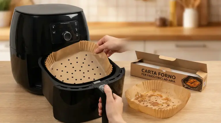 Mani che inseriscono un foglio di carta forno nella friggitrice ad aria, con accessori e confezione su un tavolo