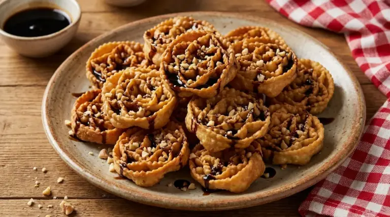 Piatto di cartellate pugliesi con glassa scura e granella su tavolo di legno