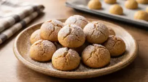 Castagnole al forno spolverate di zucchero a velo, servite su un piatto di ceramica su tavolo di legno