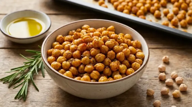 Ciotola di ceci croccanti speziati con rosmarino e olio, snack sano preparato al forno