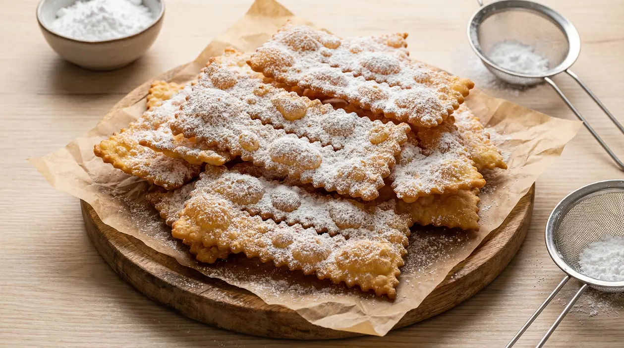 Chiacchiere di Carnevale croccanti spolverate di zucchero a velo su tagliere di legno con setacci