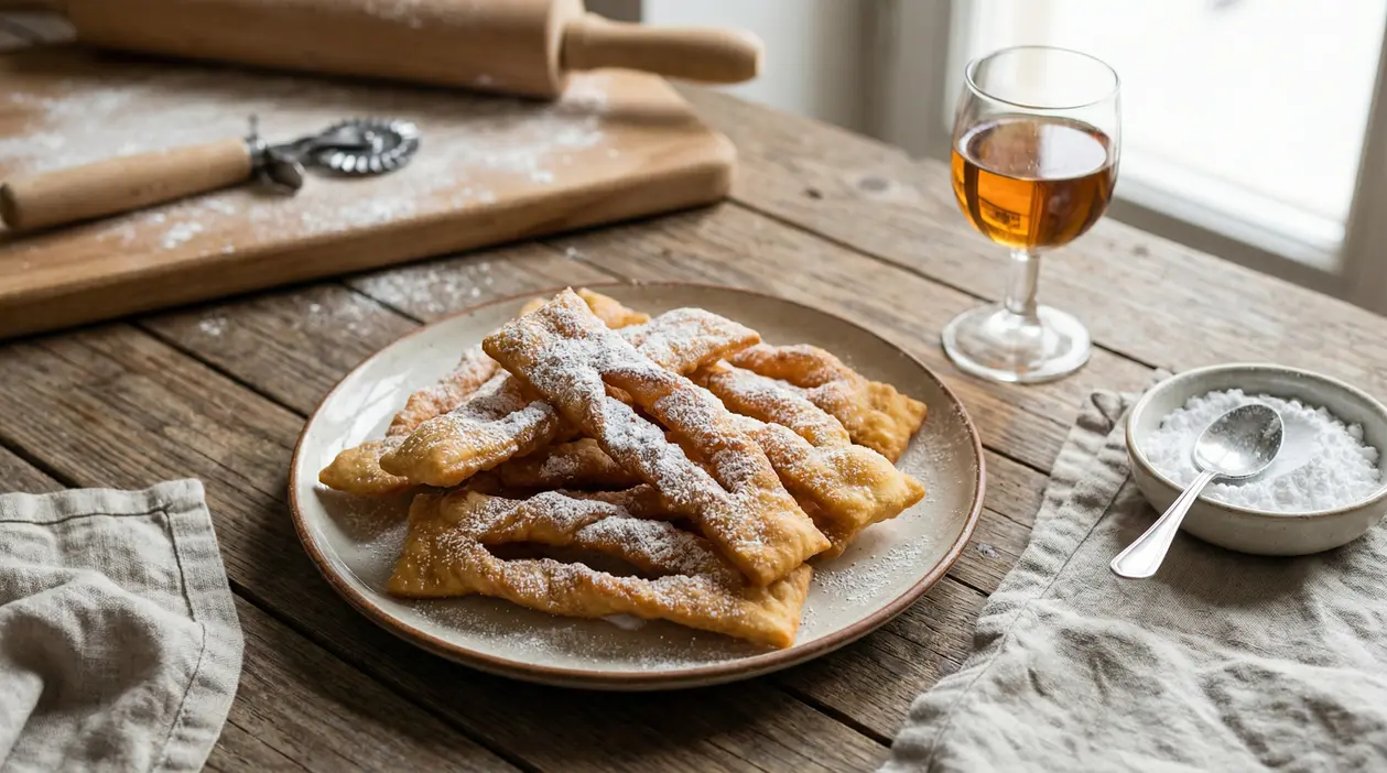Piatto di chiacchiere di Carnevale spolverate con zucchero a velo su tavolo di legno, con utensili da cucina sullo sfondo