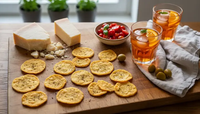Chips di parmigiano croccanti su tagliere con parmigiano, olive e spritz per un aperitivo veloce