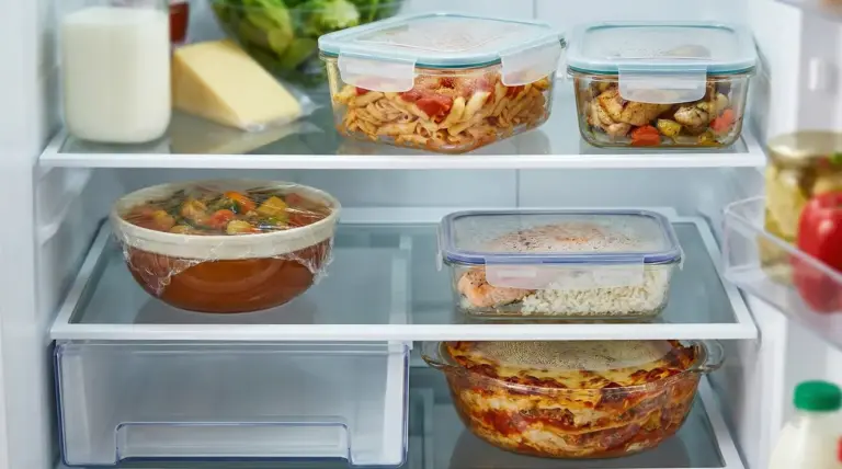 Contenitori con cibi cotti conservati in frigorifero, tra pasta, riso, pollo, zuppa e lasagne