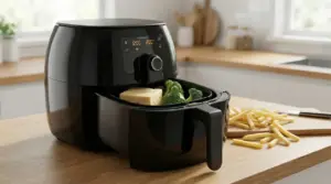 Friggitrice ad aria con cestello aperto, broccoli e un pezzo di formaggio; patatine su tagliere in cucina