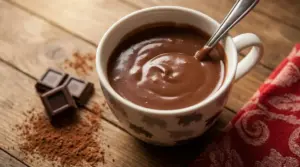 Tazza di cioccolata calda cremosa con cucchiaino su tavolo di legno, con cacao in polvere e cioccolato fondente