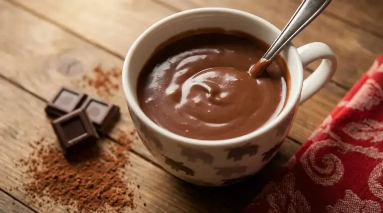 Tazza di cioccolata calda cremosa con cucchiaino su tavolo di legno, con cacao in polvere e cioccolato fondente