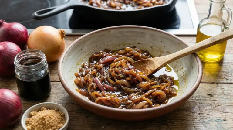 Cipolle caramellate in ciotola con cucchiaio di legno, con olio e ingredienti sul tavolo