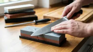 Persona affila un coltello da cucina su pietra per affilatura bagnata, su un tavolo di legno in casa