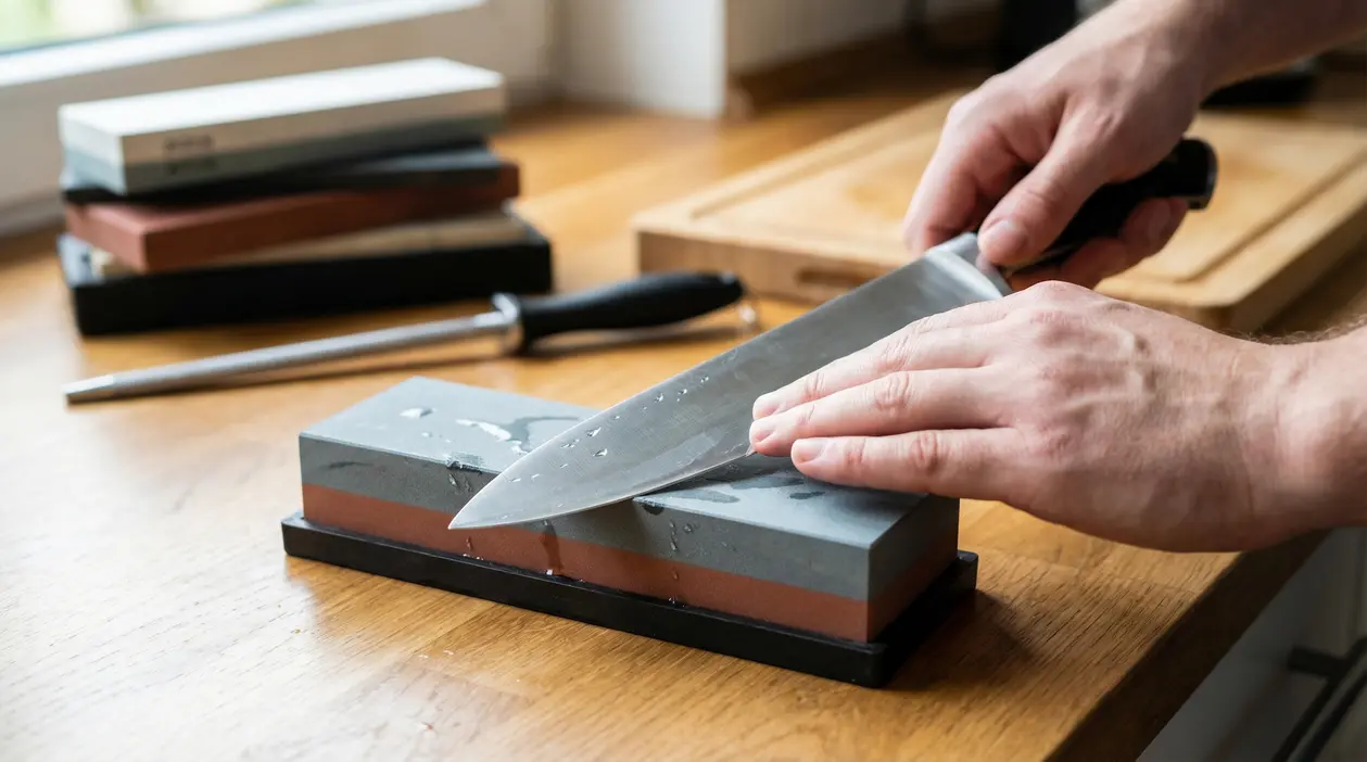 Persona affila un coltello da cucina su pietra per affilatura bagnata, su un tavolo di legno in casa